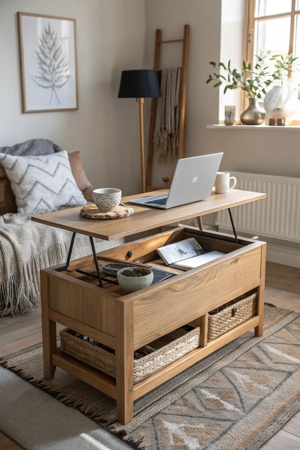 Lift-top coffee table: desk by day, dinner by night—hidden storage keeps tiny spaces tidy.