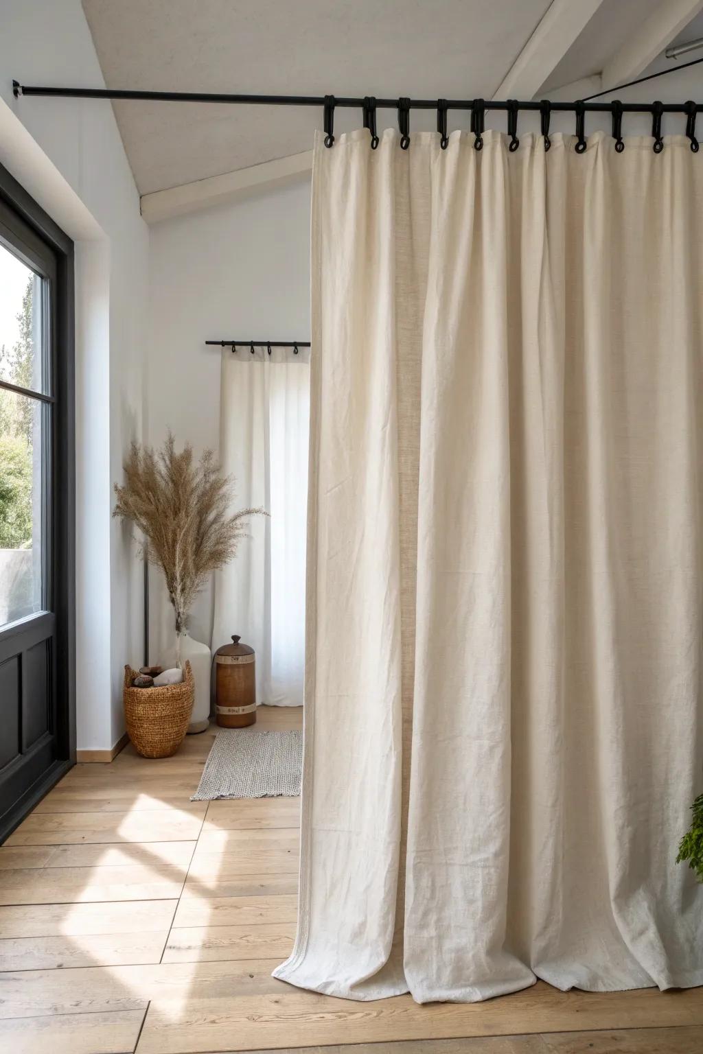 A simple linen curtain divider adds privacy in a tiny home—no walls, low cost, calm vibes.
