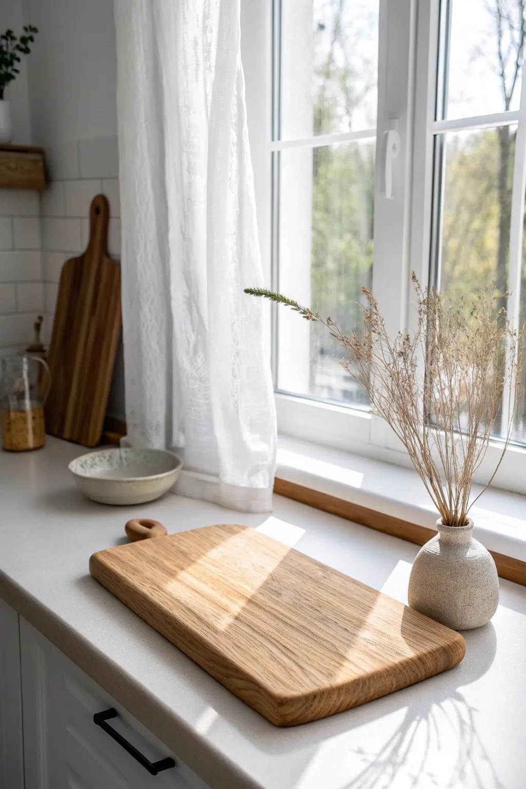 A window-lit prep spot makes a tiny kitchen feel bigger—light finishes and warm wood glow.