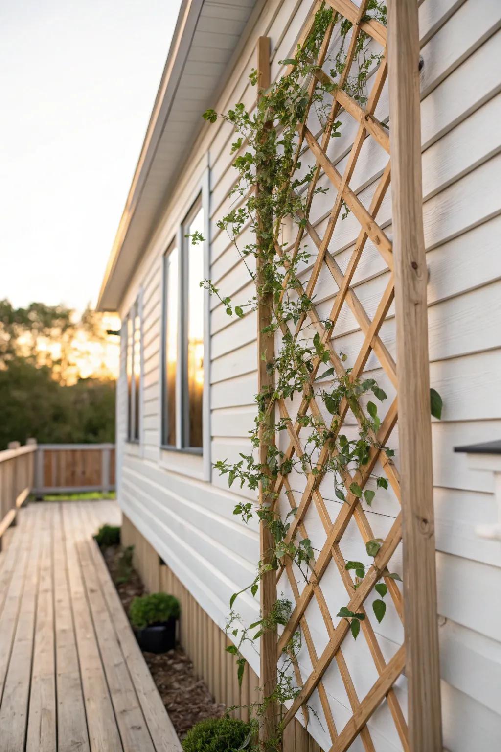 Slim wood trellis wall brings lush vertical greenery to a tiny home deck—no lost walkway.