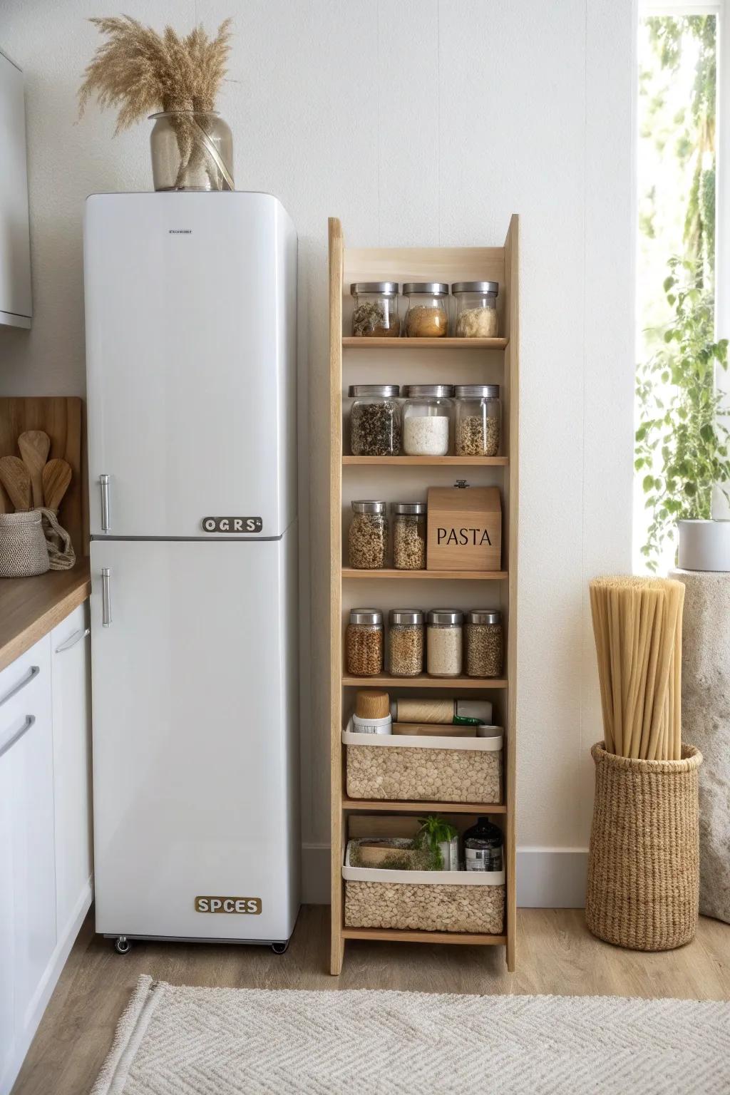A slim pull-out pantry beside the fridge that stores more without stealing floor space.