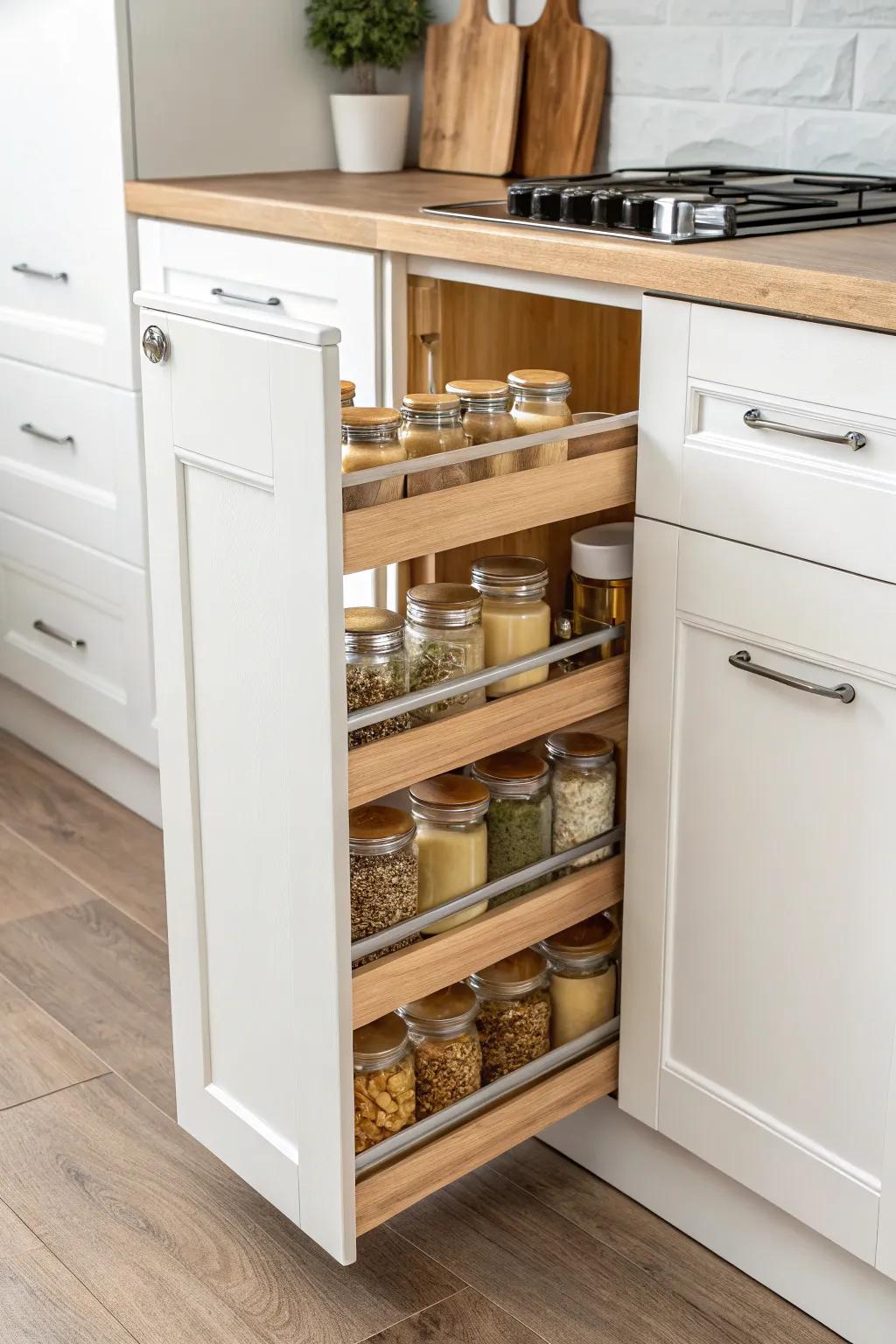 Pull-out pantry shelves turn slim gaps into beautiful, easy-to-reach storage in tiny kitchens.