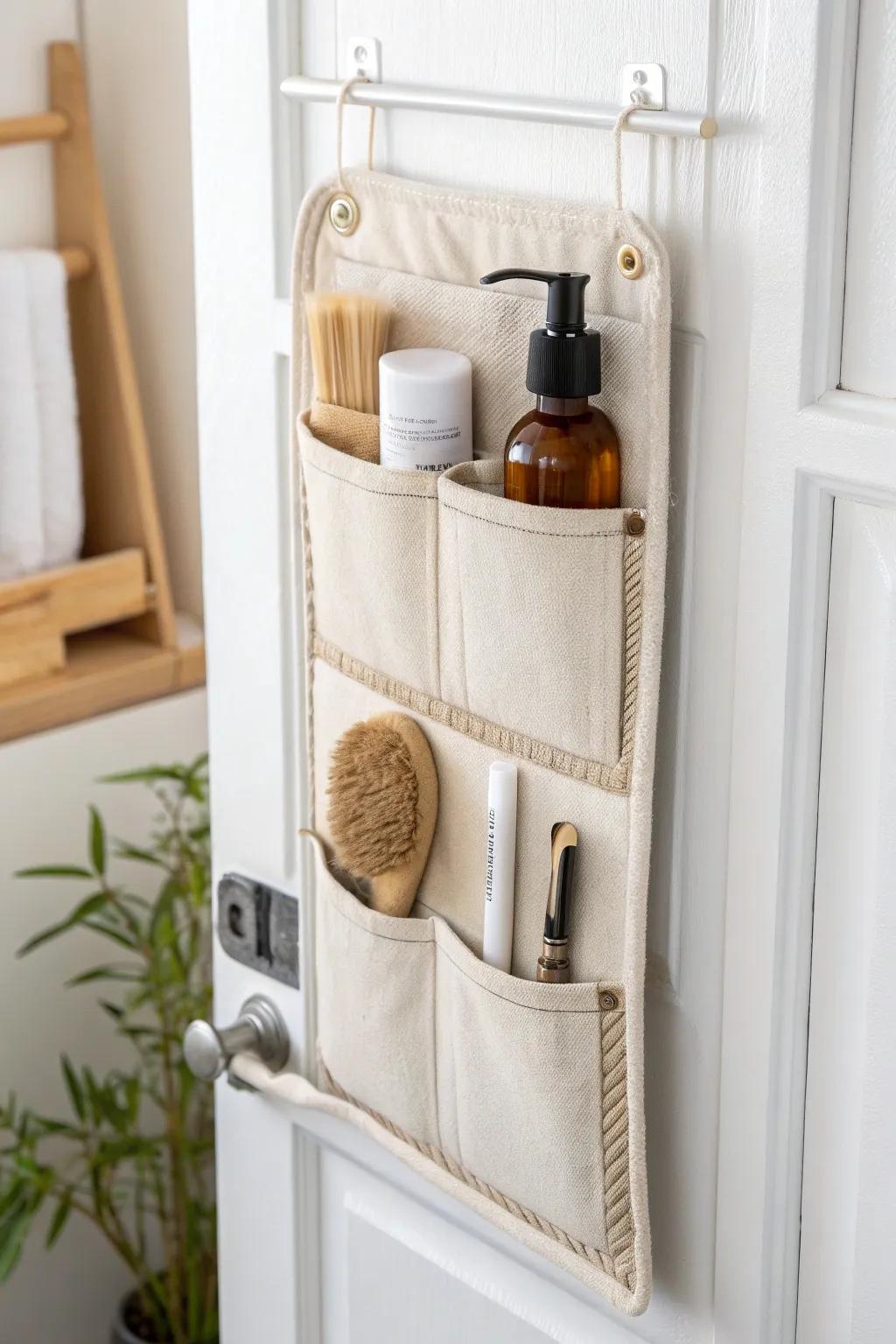 Over-the-door pockets keep tiny house essentials tidy—beautifully hidden and always within reach.