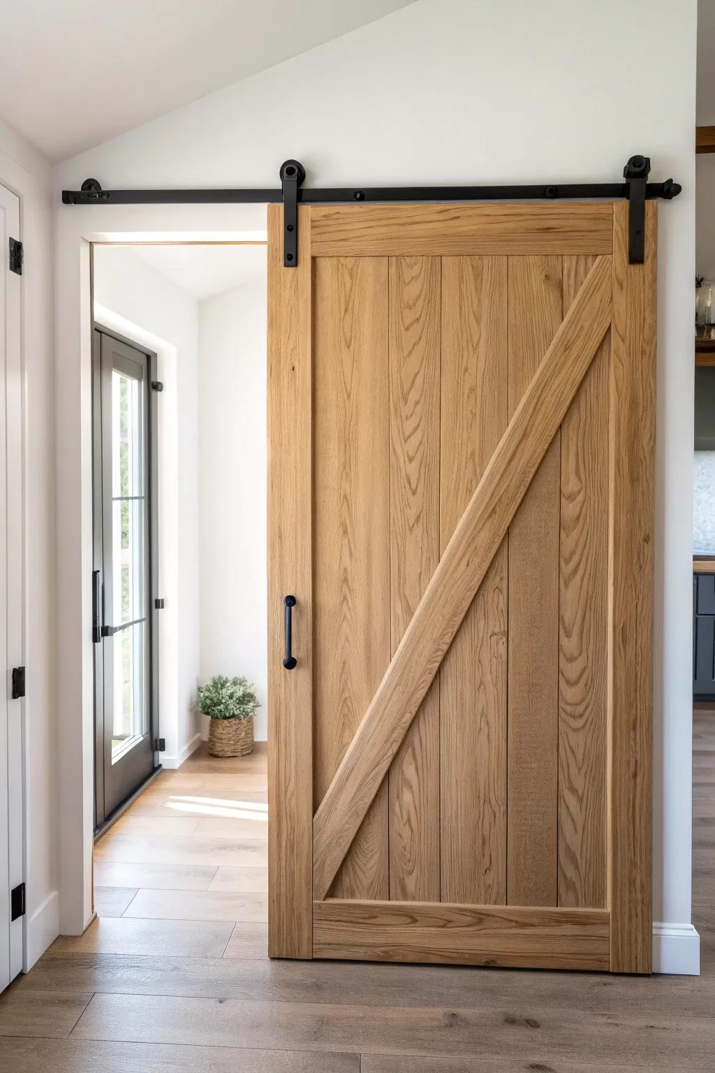 A slim oak sliding door frees precious floor space—perfect for tiny hallways and baths.