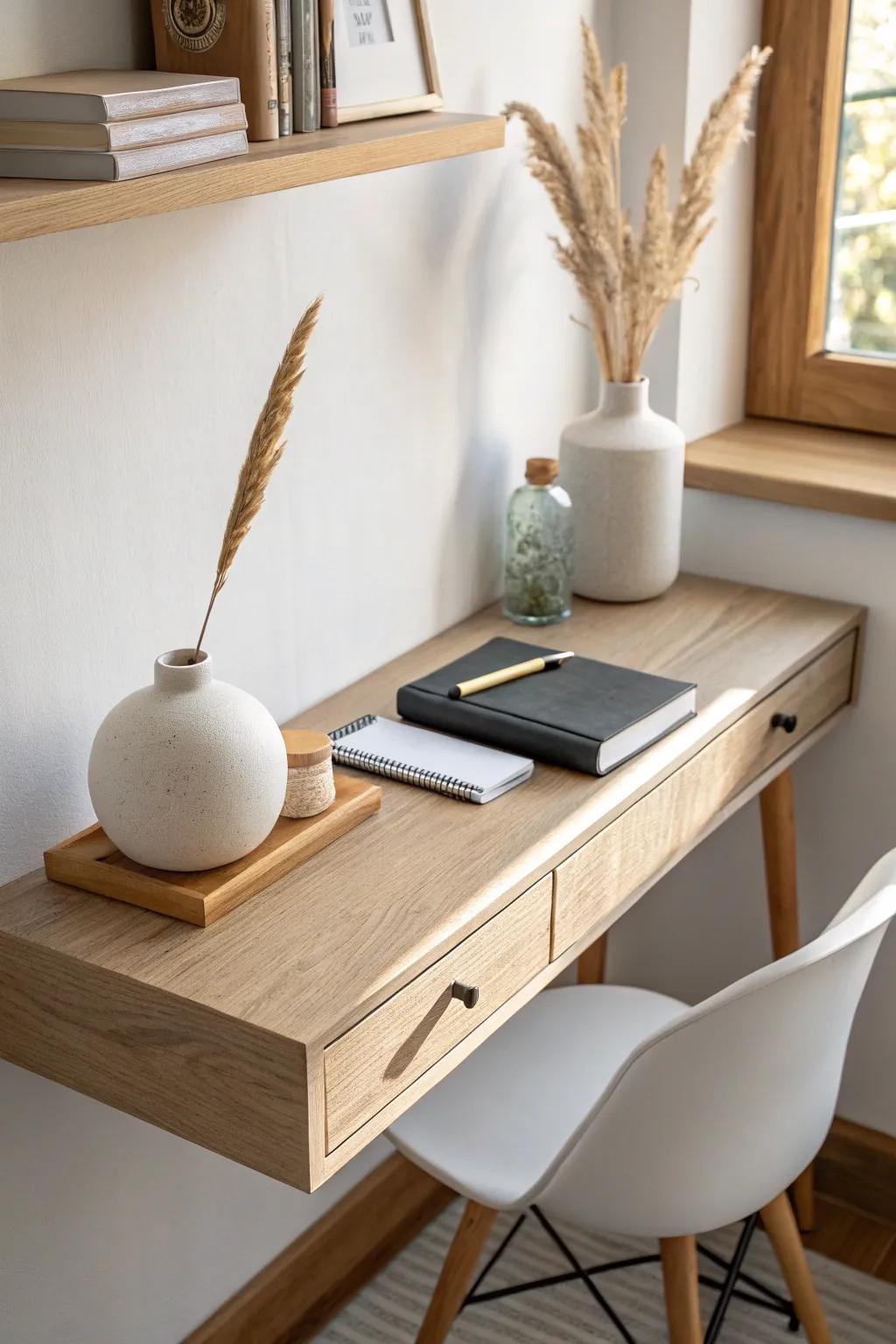 Slim floating shelf above a tiny desk keeps essentials on the wall—and the room feeling airy.