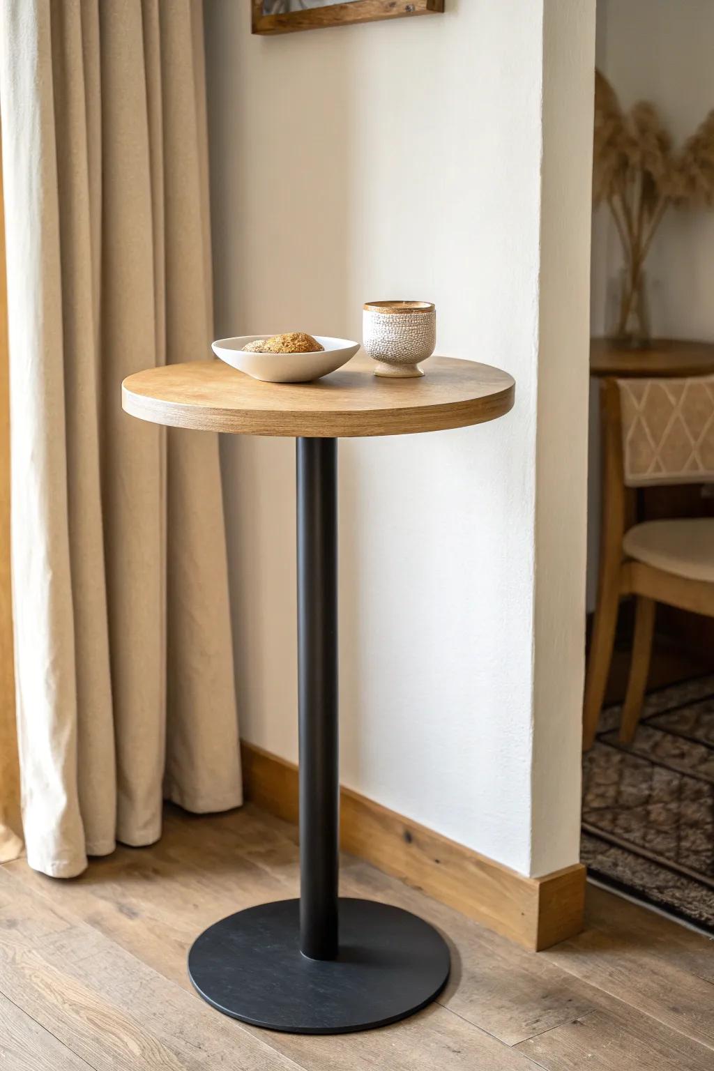 A slim high-top table saves floor space while keeping game-night snacks and your laptop close.