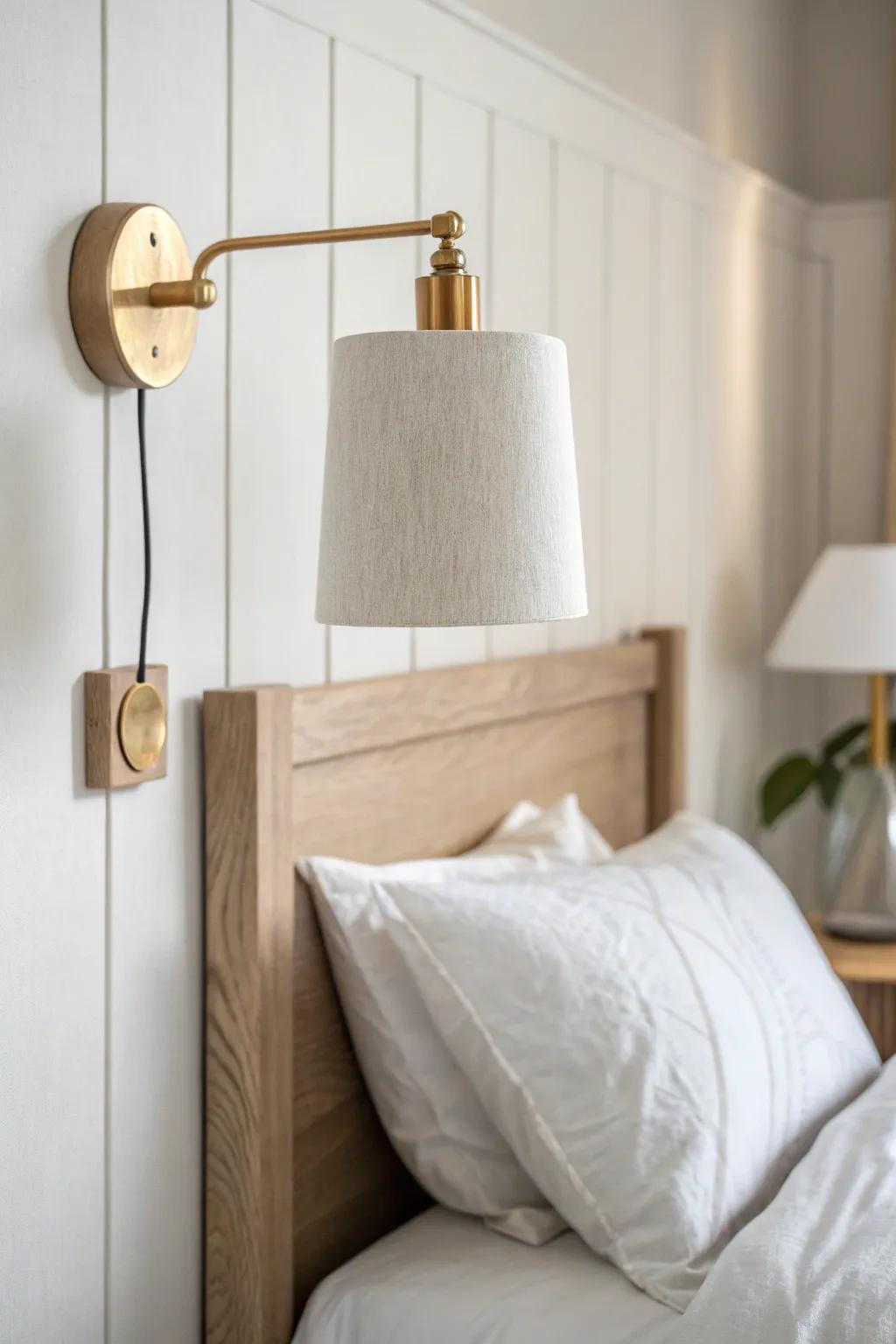 Save space in a tiny bedroom with a warm wall sconce that frees up your bedside surface.