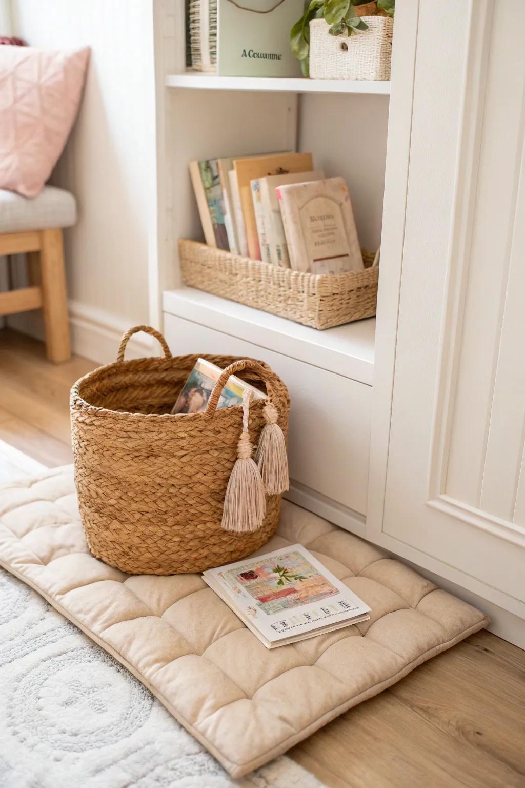 A closet becomes a secret toddler reading nook with a low rattan book bin and padded mat.