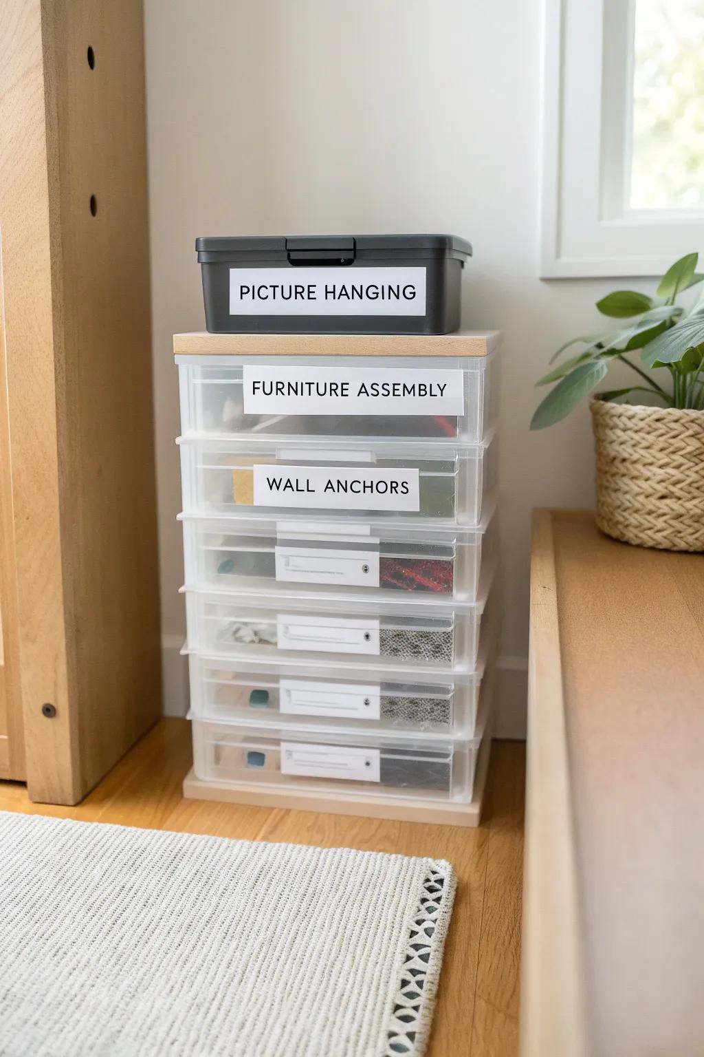 Stack your fasteners by project in clear parts boxes—grab what you need in seconds, even mid-move.