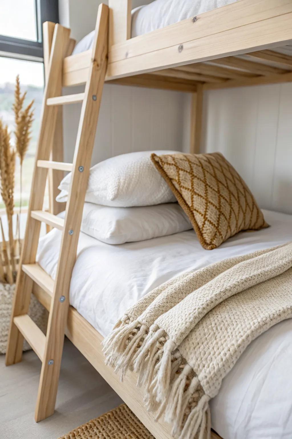 A simple pillow mix—one sleeper + one accent—makes the top bunk look styled, not stuffed.