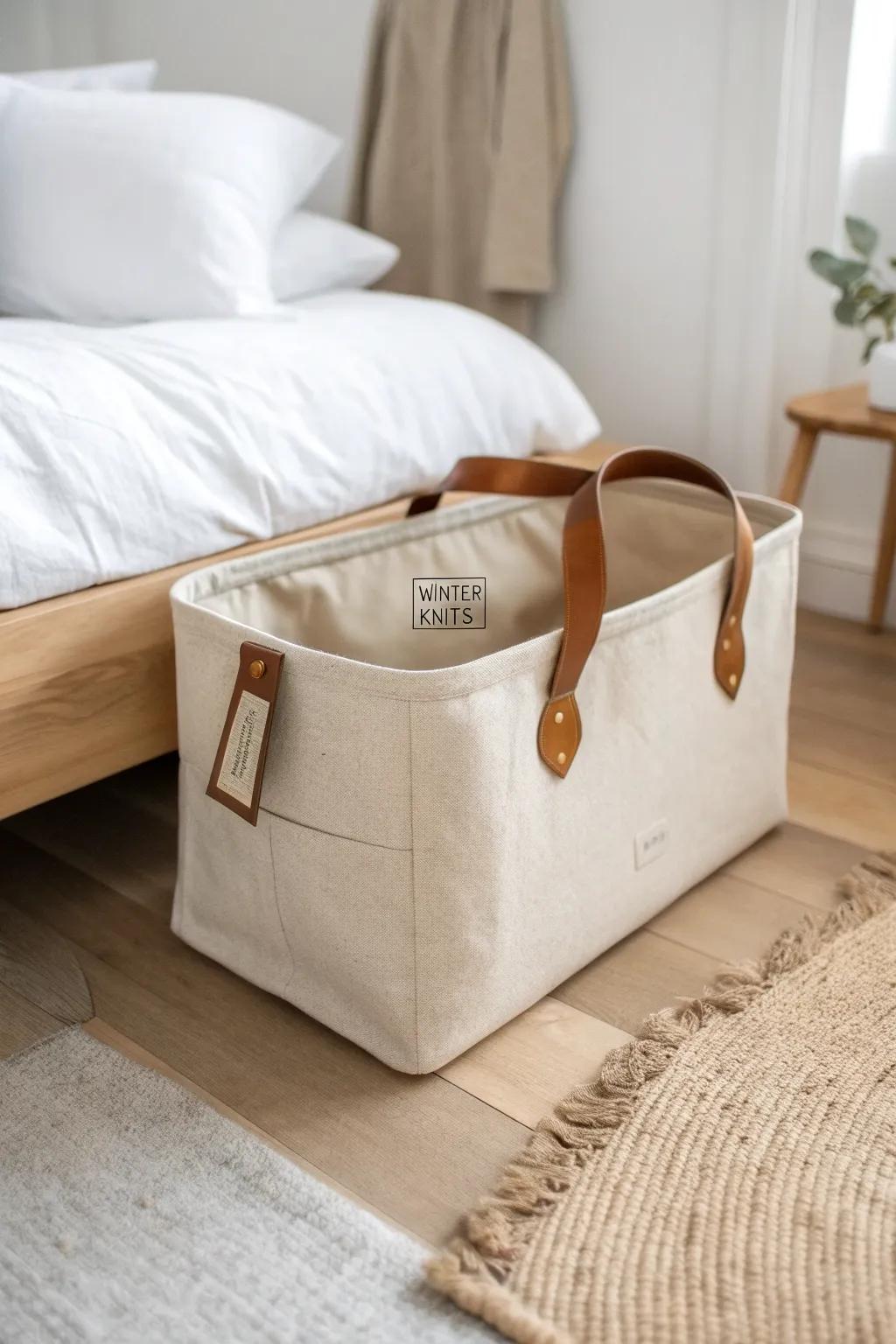 Labelled under-bed tote parking—find off-season clothes fast without dragging every bin out.