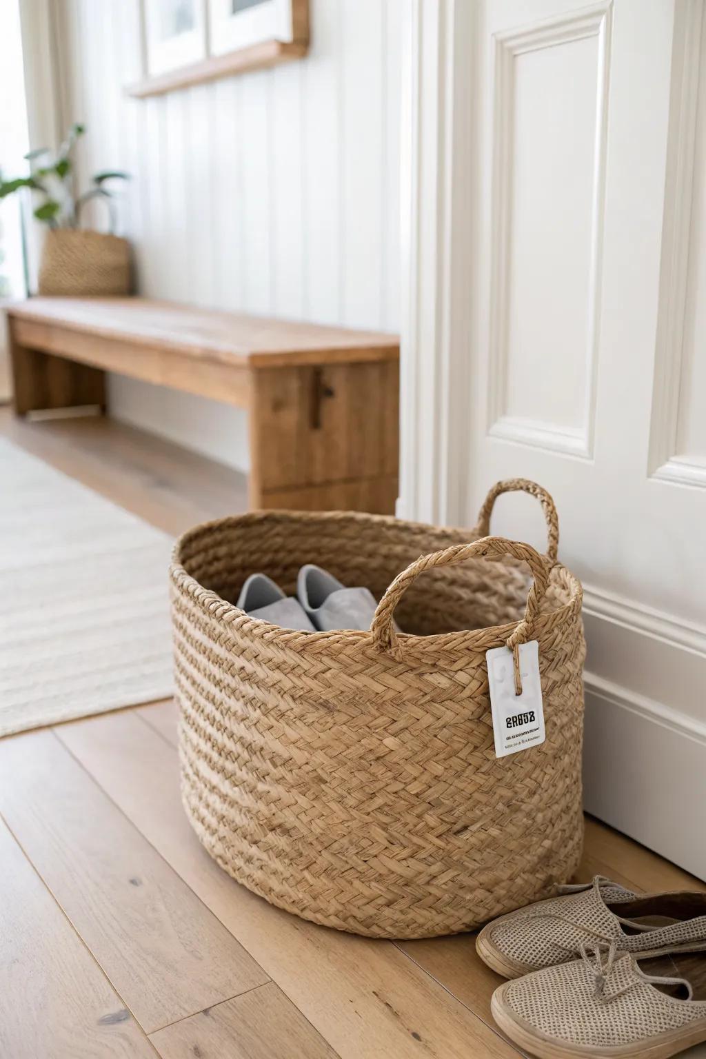 A woven basket makes shoes vanish fast—assign one per person for a calm, clutter-free entry.