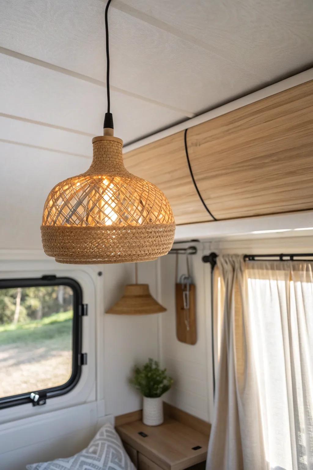 Warm woven pendant lighting instantly softens a toy hauler and makes it feel like home.