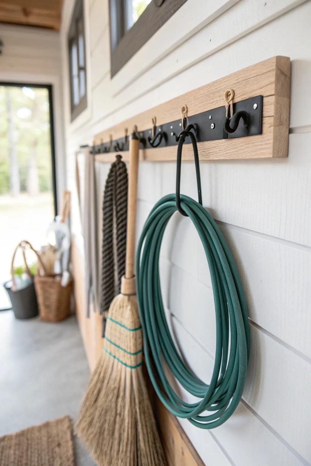 A simple wall zone for broom + hose keeps messy gear off your toy hauler’s living space.