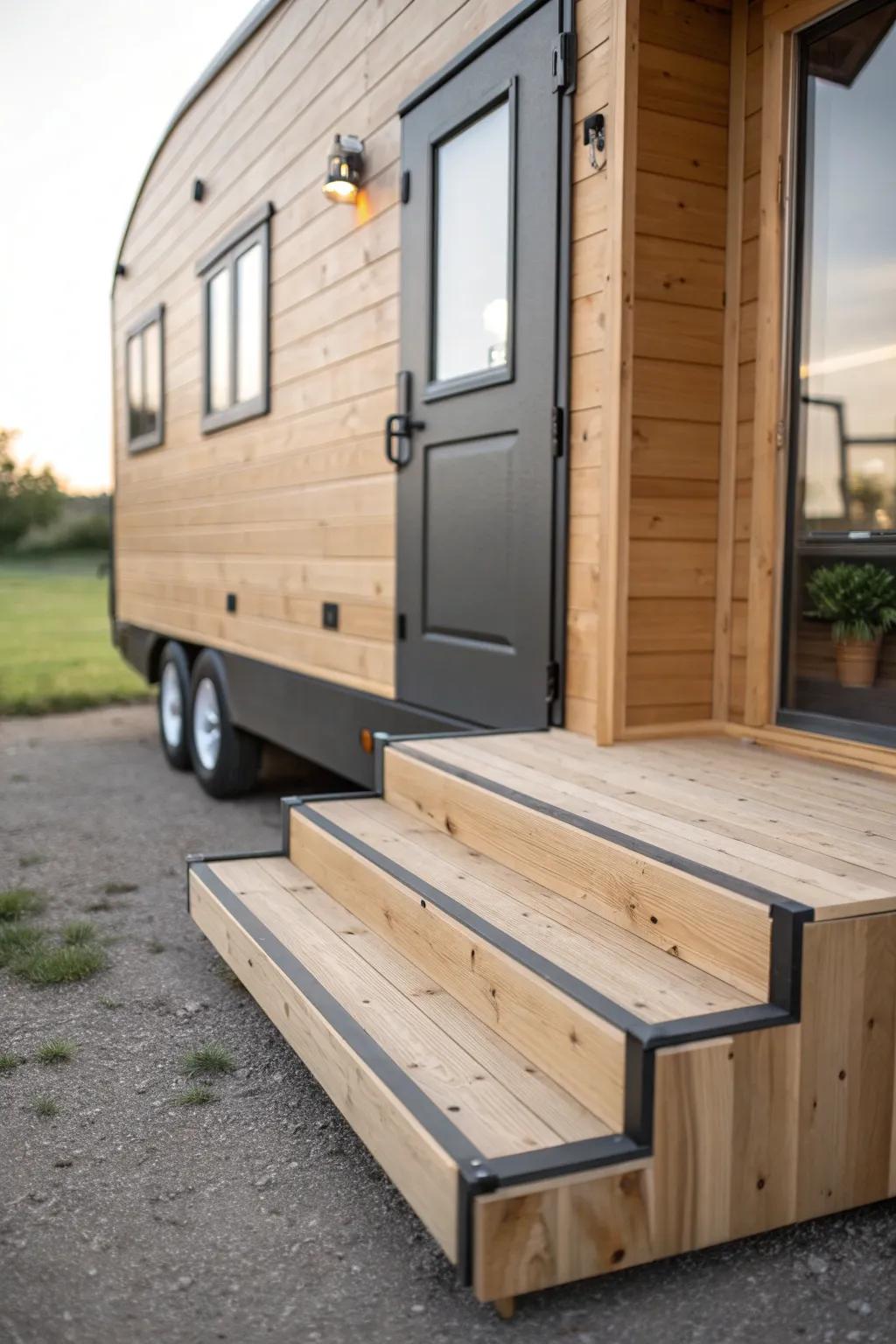 A wide, handcrafted landing step creates a calm “pause zone” at your trailer door.