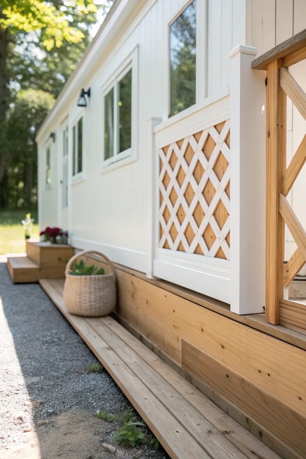 White lattice + warm cedar skirting panel: airy airflow, clean lines, and crafted curb appeal.
