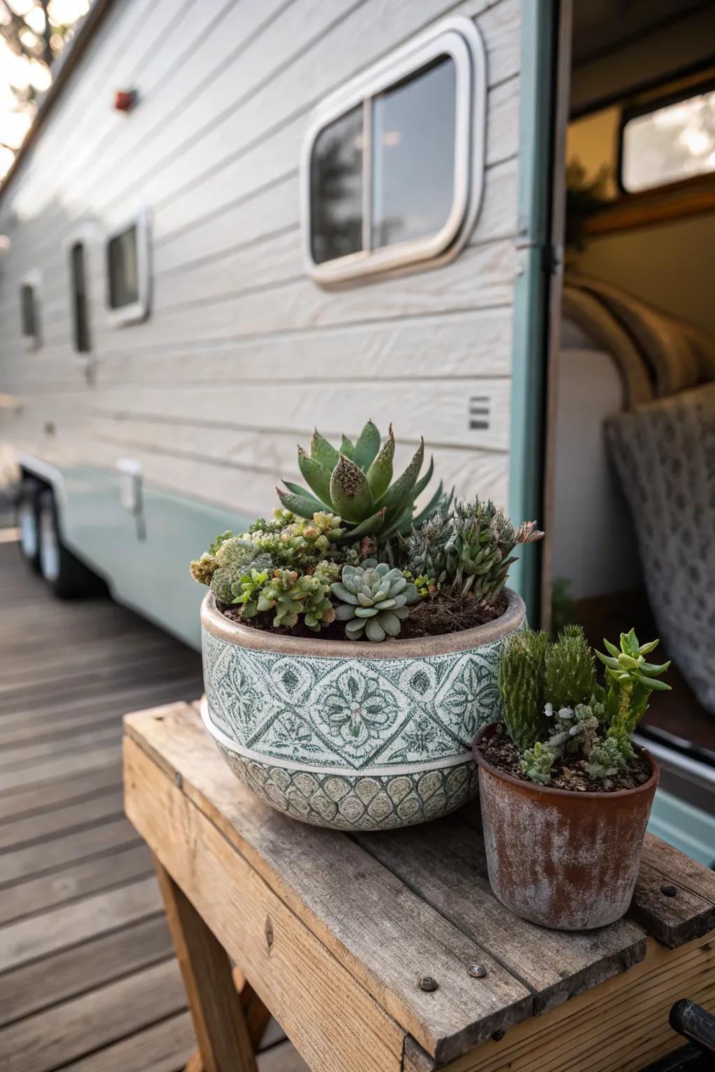 Transform your truck camper porch into a potted plant paradise with easy-to-maintain succulents.