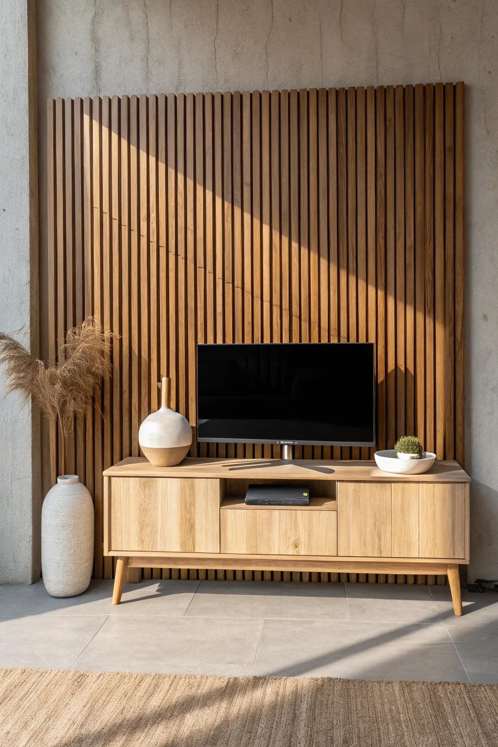 Warm vertical wood slats behind the console soften the TV and visually lift low ceilings.