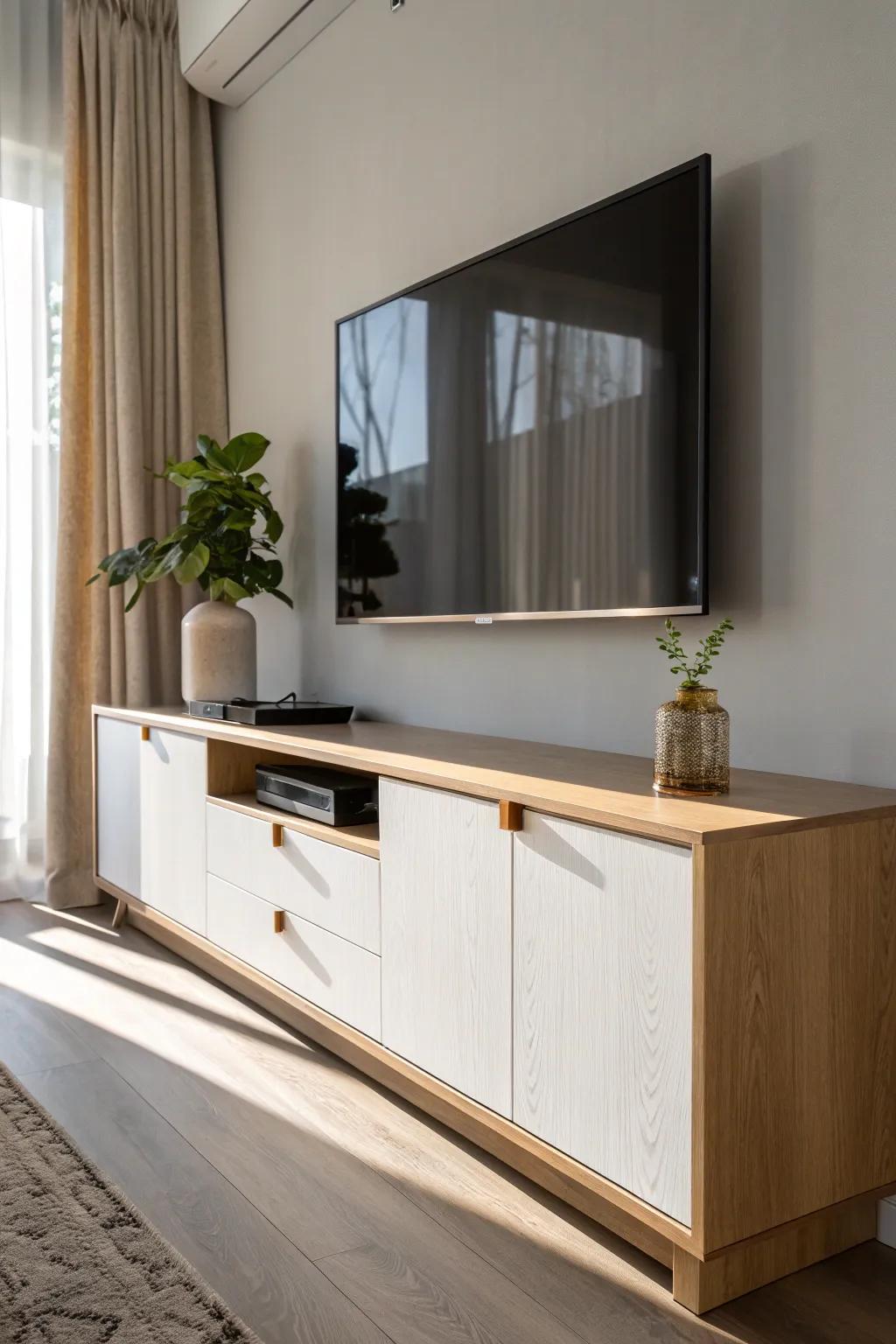 Wall-mounted TV framed by floating cabinets—sleek, hidden storage for a custom built-in look.