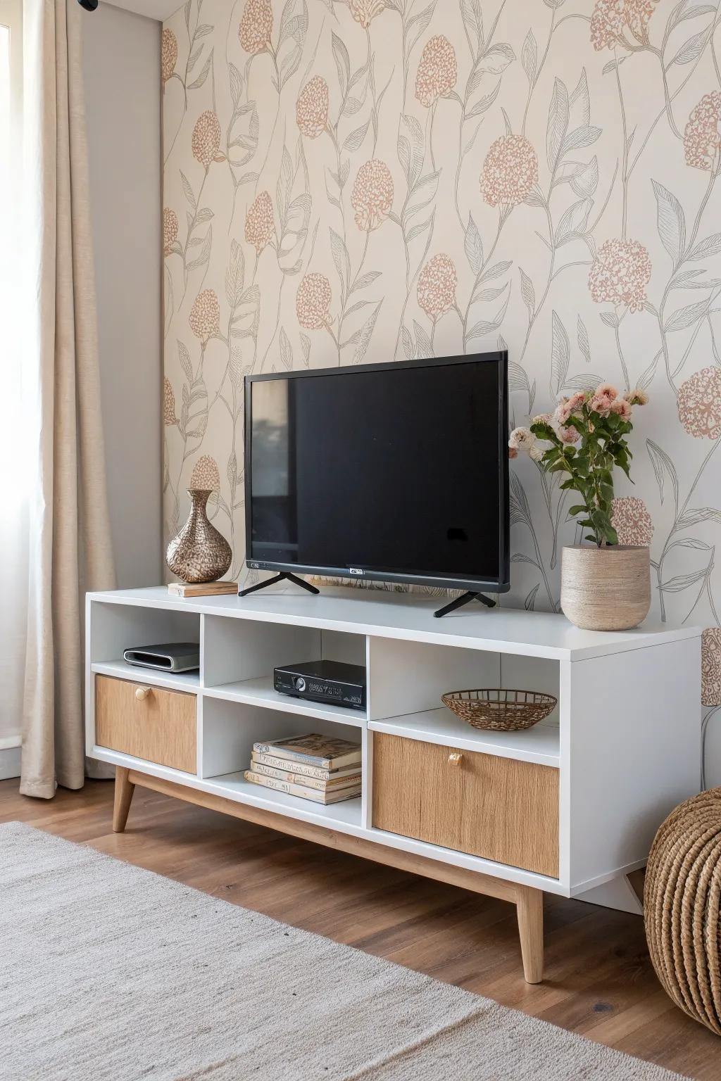 Wallpaper the back panel to hide cords and instantly make your TV stand look custom.