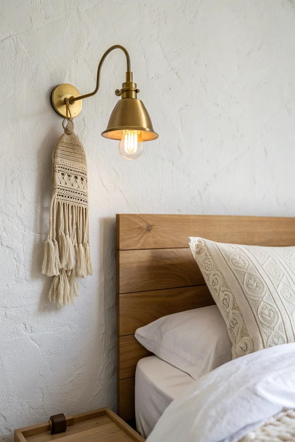 A chic wall sconce adds hotel-like glow and frees up precious nightstand space by the twin bed.