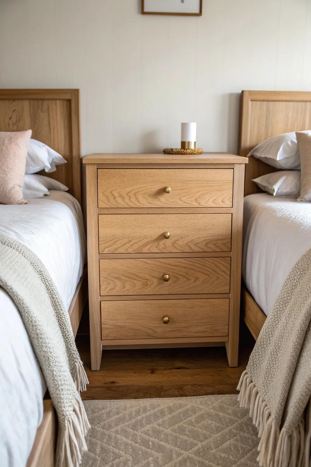 A shared dresser between twin beds adds real storage and a chic divider for tiny rooms.