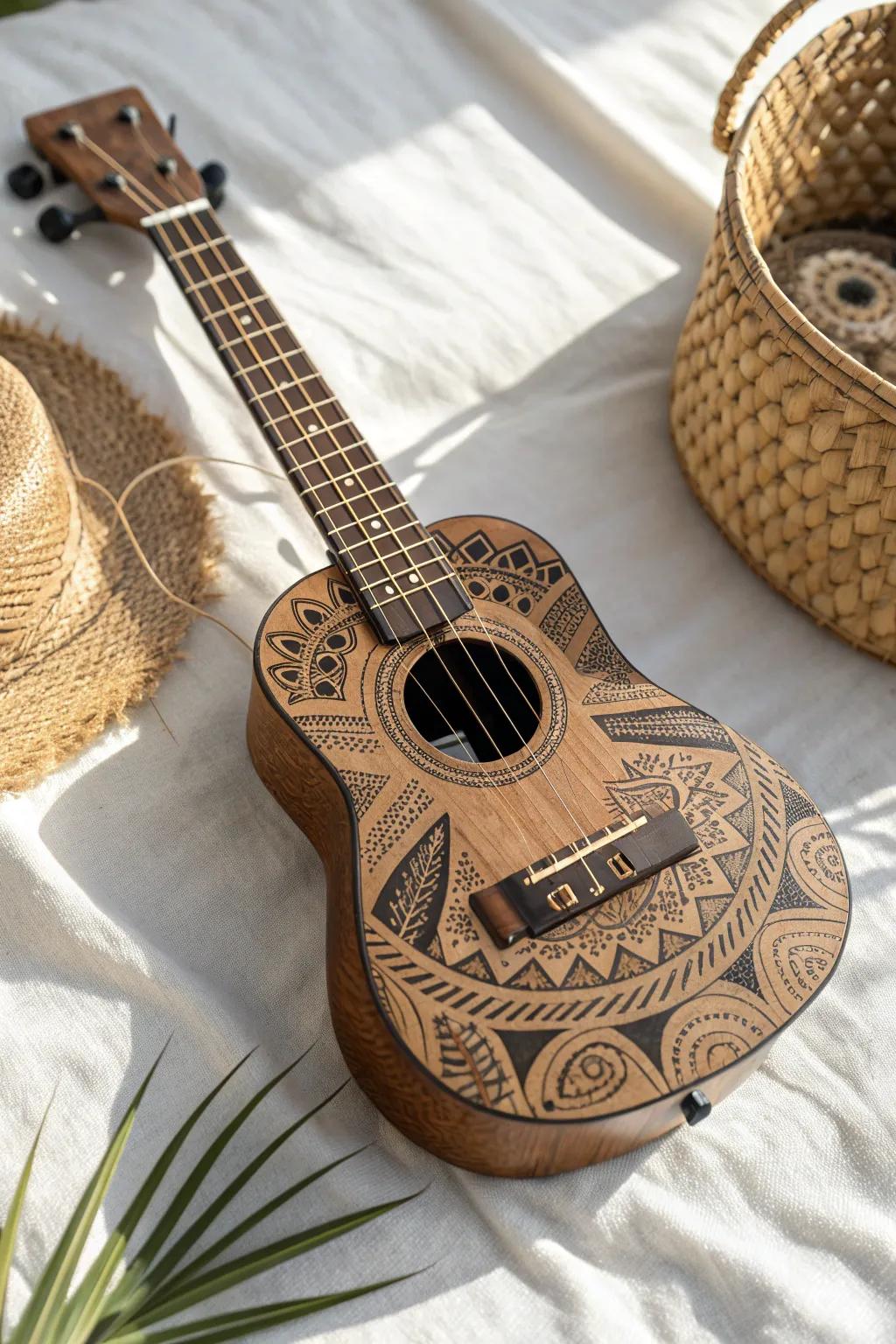Embrace heritage with this stunning ukulele adorned in global tribal motifs, a true testament to artistry and tradition.