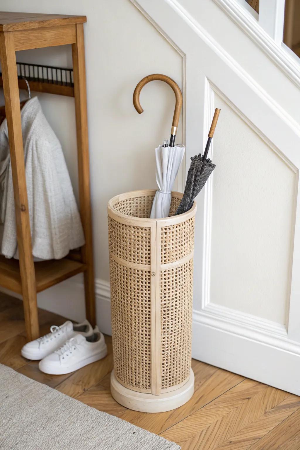A slim hook rack + crafted umbrella bin turns one small hallway wall into a chic landing zone.