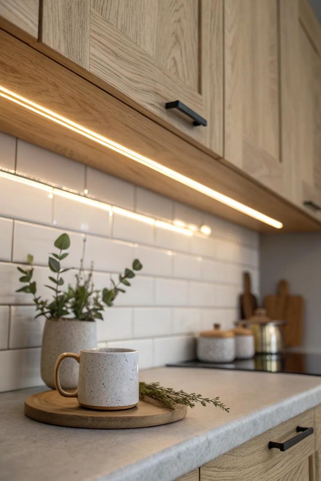 One dimmable under-cabinet light bar—bright for prep, softly glowing for late-night snacks.