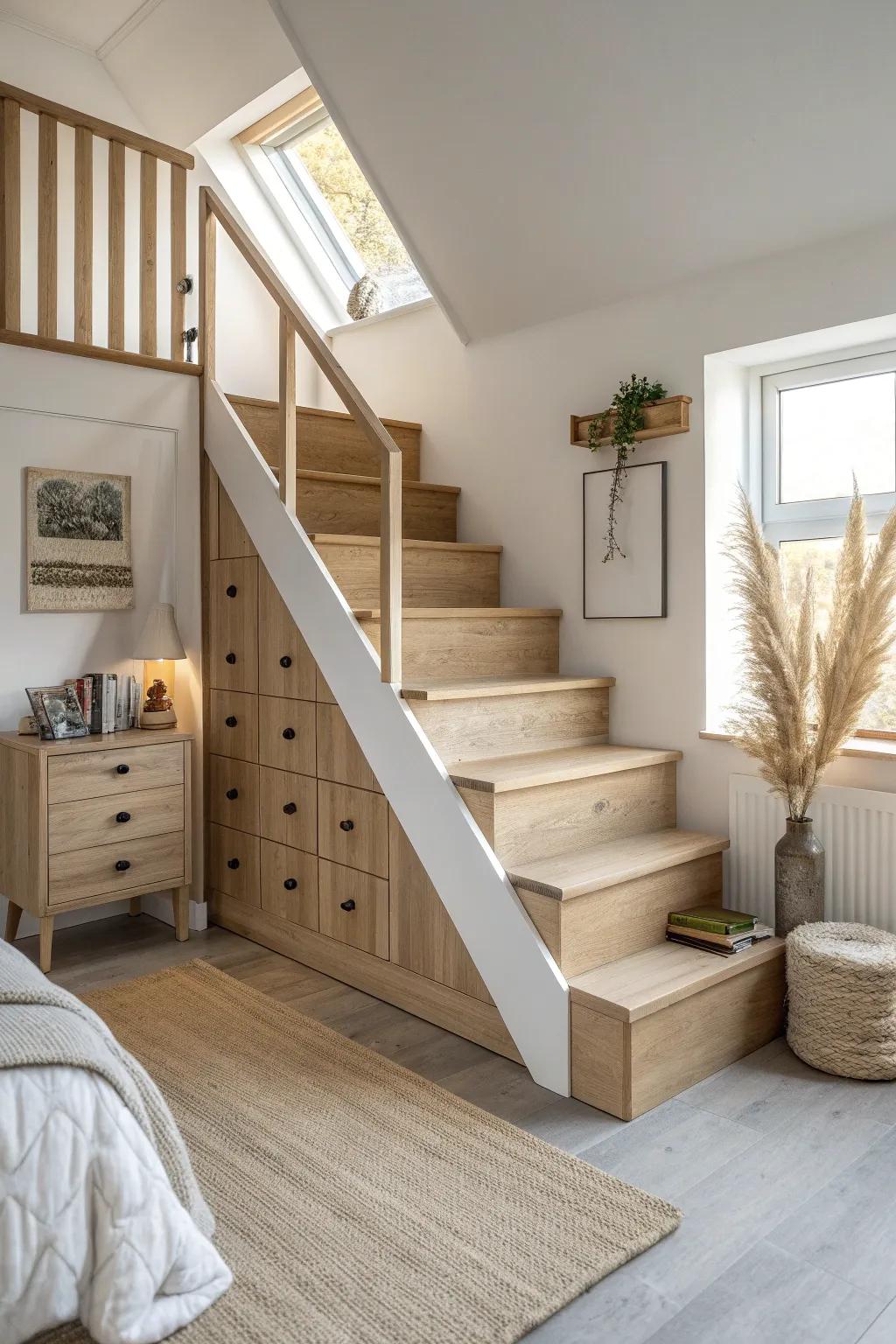 Loft-bed stair steps with hidden drawers—beautiful storage that keeps tiny rooms calm.