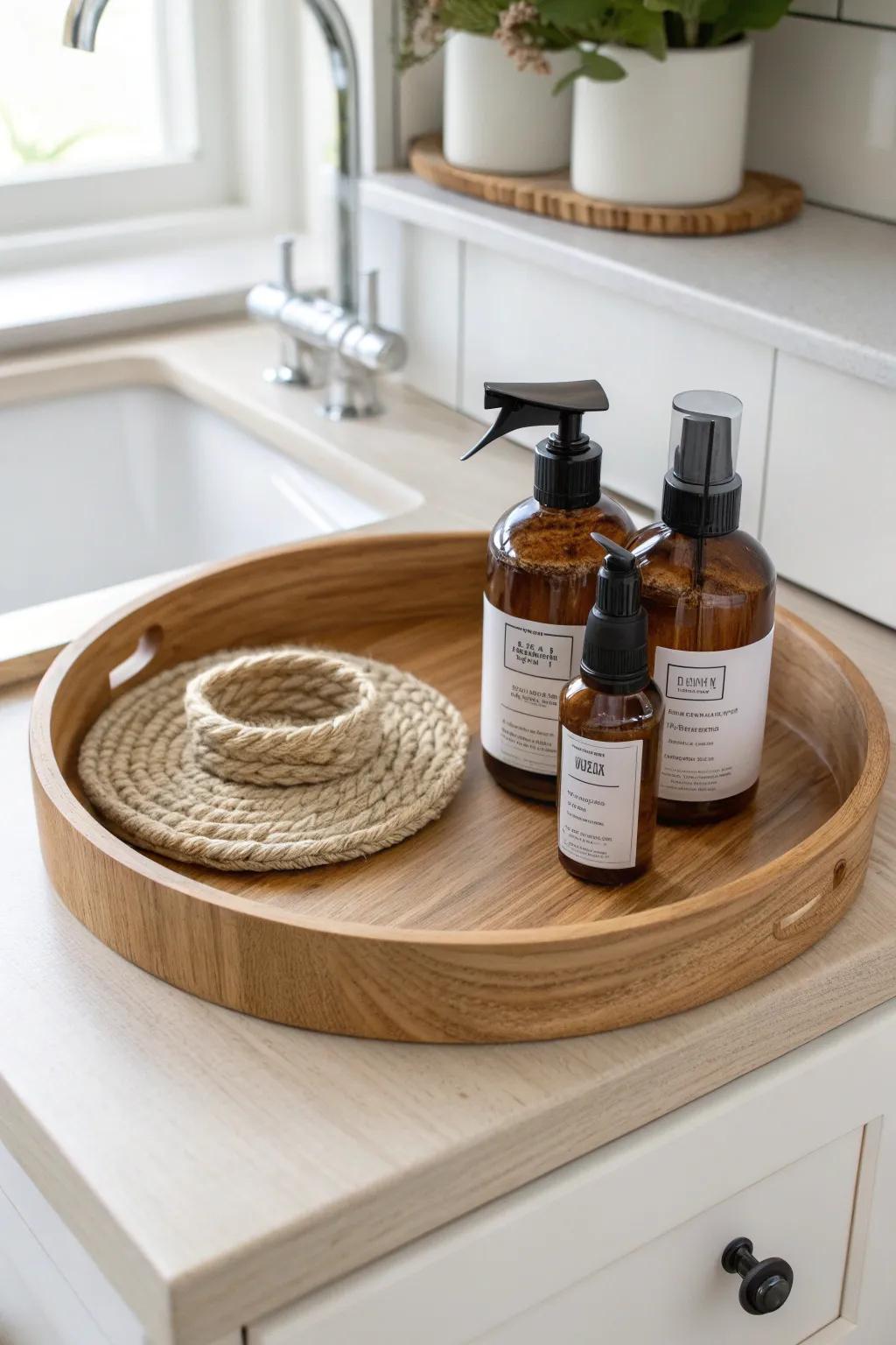 A simple wood turntable keeps under-sink bottles tidy—just spin, grab, and go.