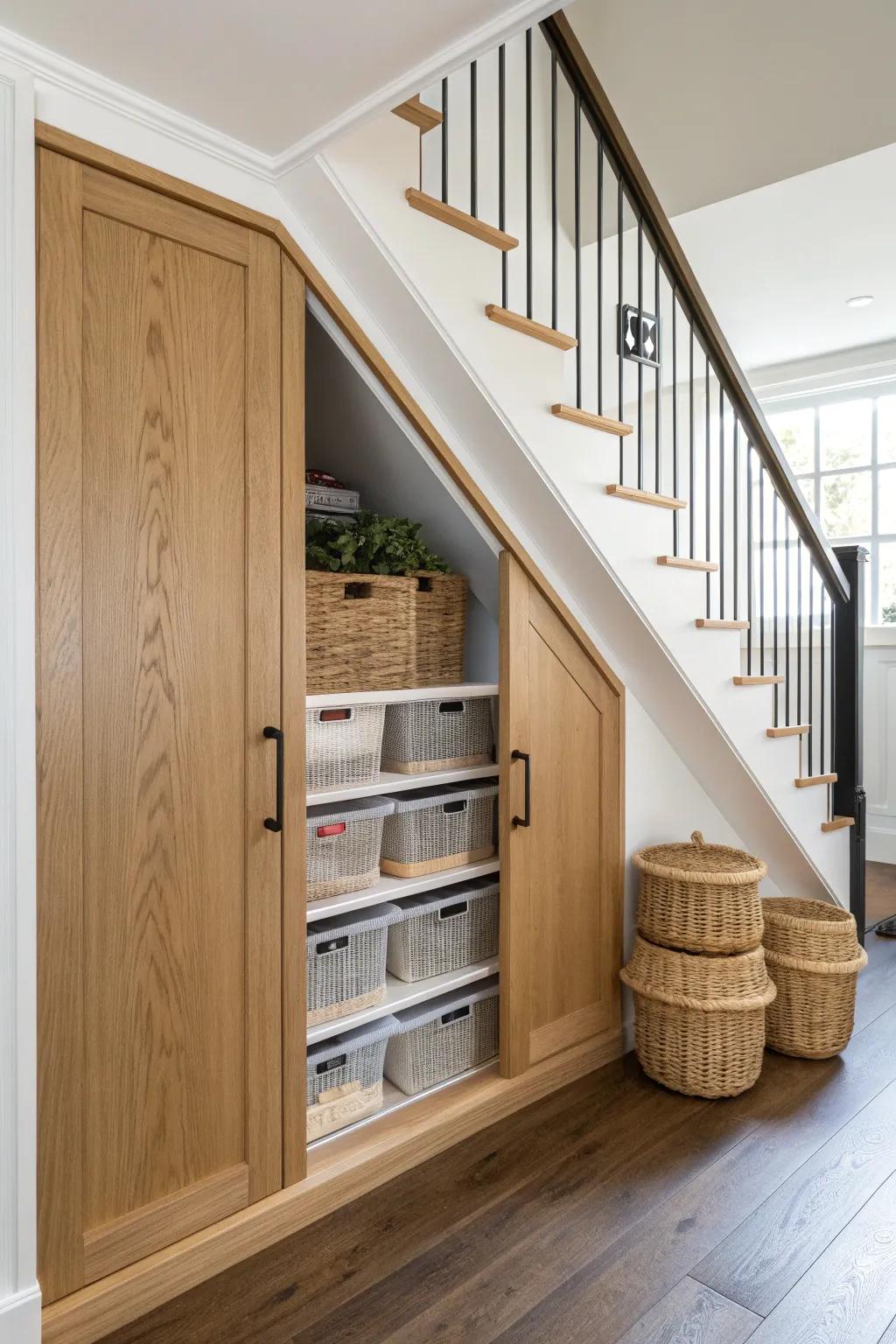 Turn under-stair space into a sleek snack pantry with light wood shelves and clear bins.