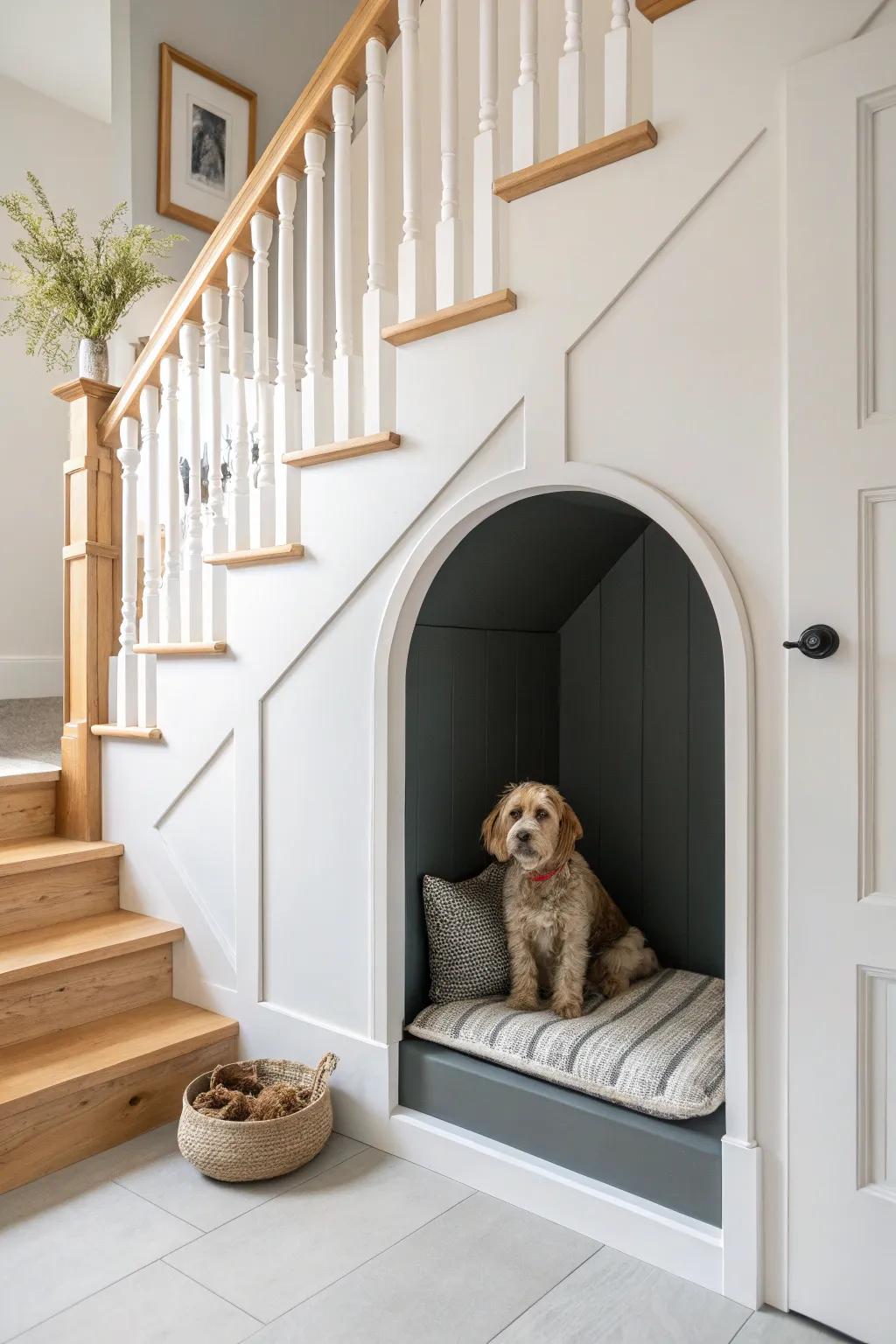 A deep accent paint inside the under-stairs dog nook adds instant room vibe and hides scuffs.