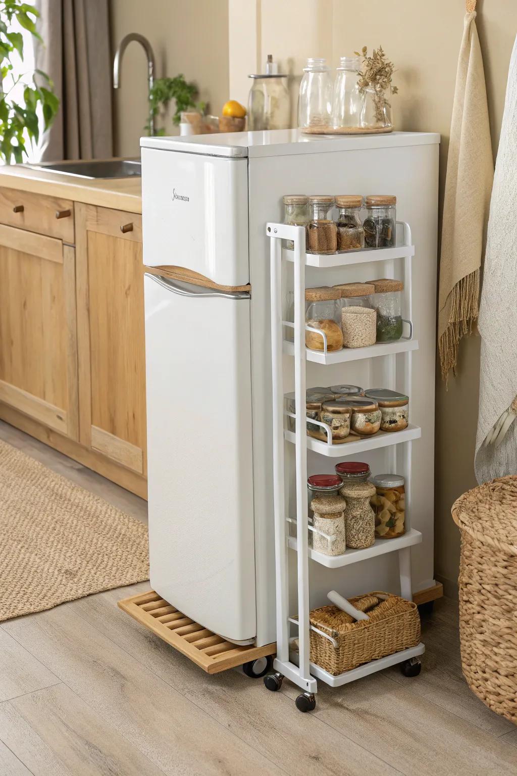 A slim rolling gap cart turns that awkward fridge space into a chic mini pantry.
