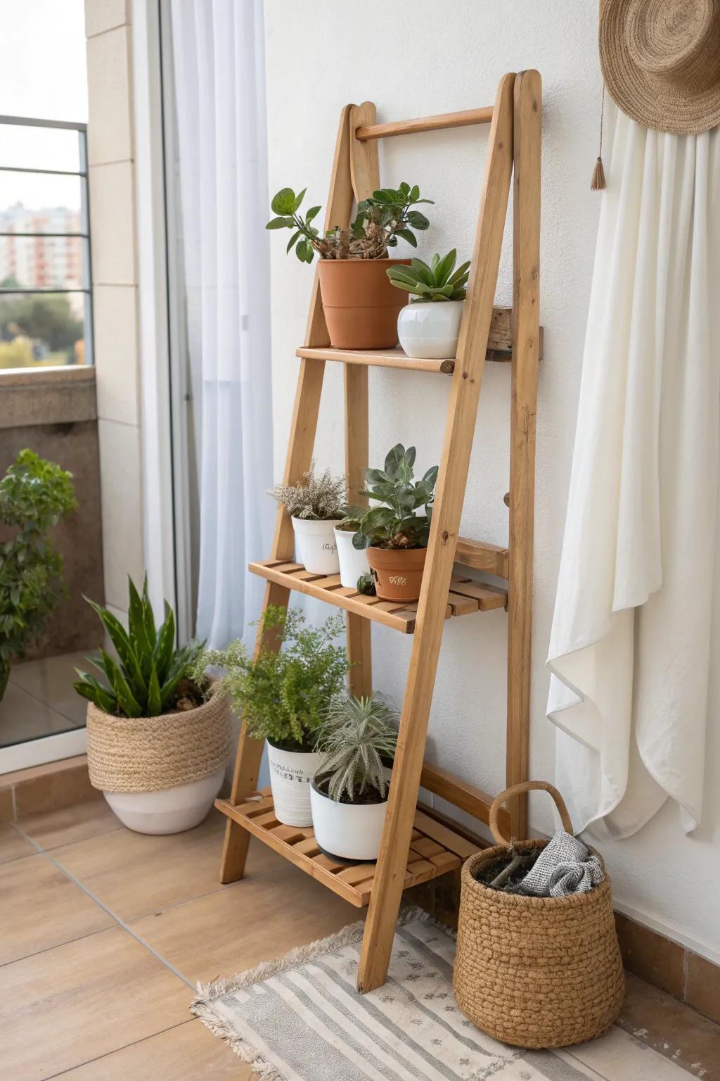 A skinny tiered plant ladder that turns any balcony corner into a styled mini plant staircase.