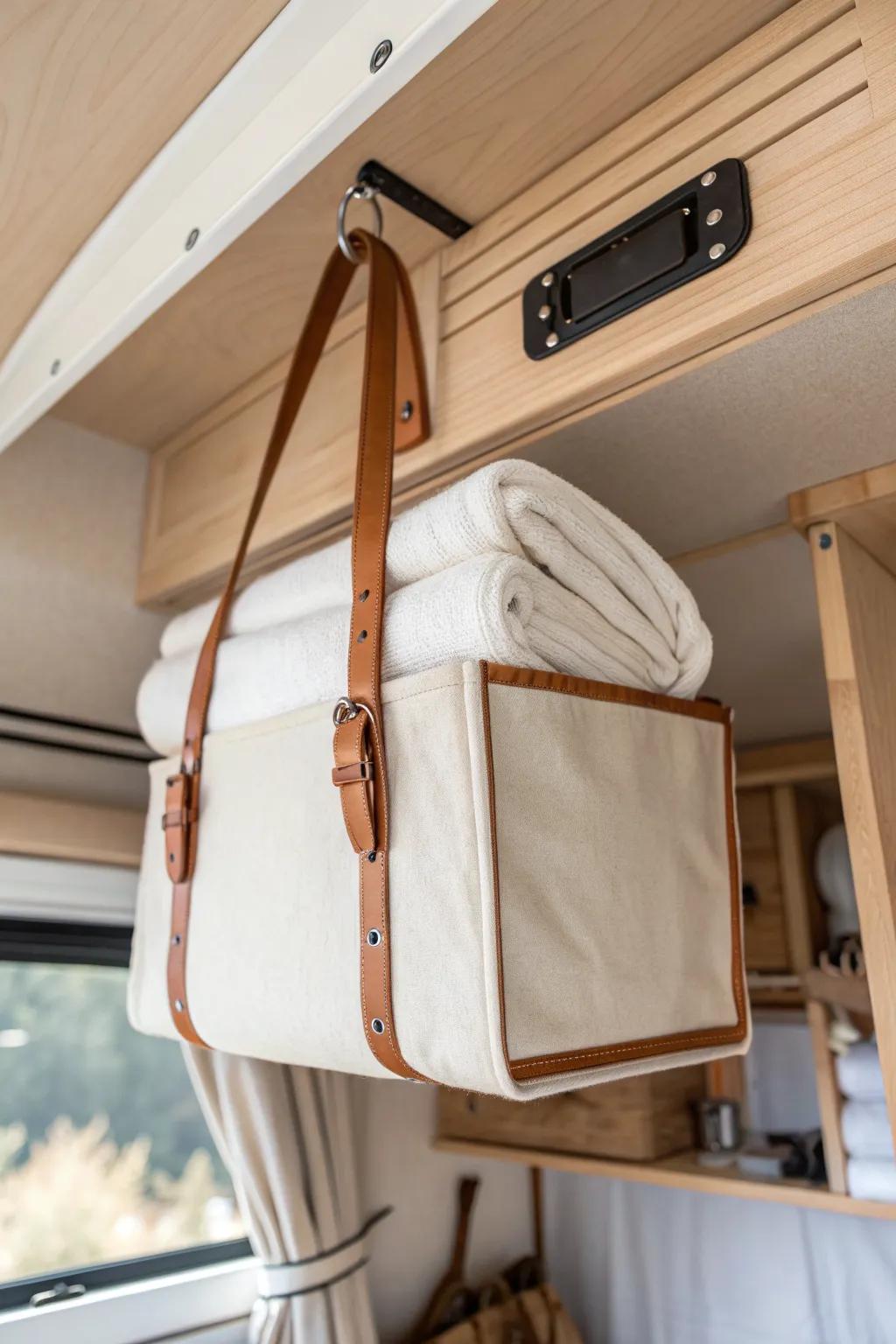 Soft linen overhead cabinets keep van storage airy—perfect for clothes, towels, and calm mornings.