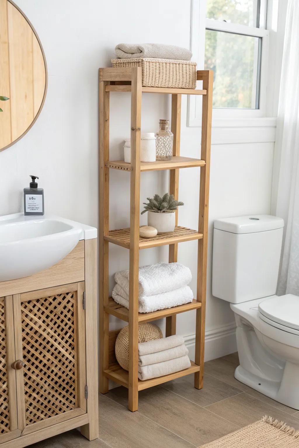 Slim over-the-toilet shelf in warm oak—towels and paper goods stored vertically, beautifully.
