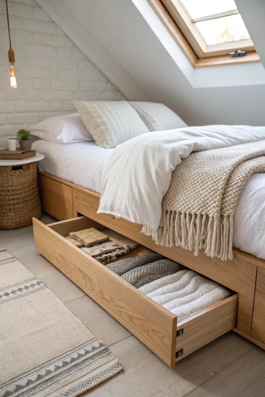 Hidden under-bed drawers turn a tiny attic bedroom into effortless, clutter-free storage.