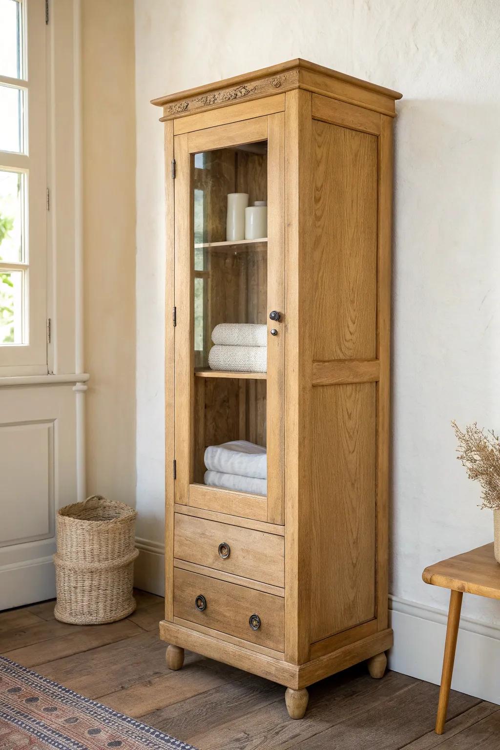 A slim antique cabinet that zones pantry extras, papers, and linens—beautifully tidy.