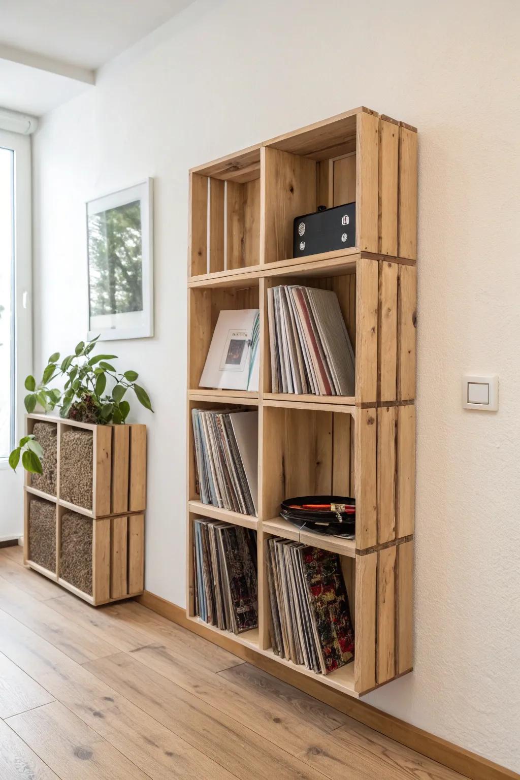 Wall-mounted crate cubbies make vinyl a cozy, space-saving display with minimalist charm.