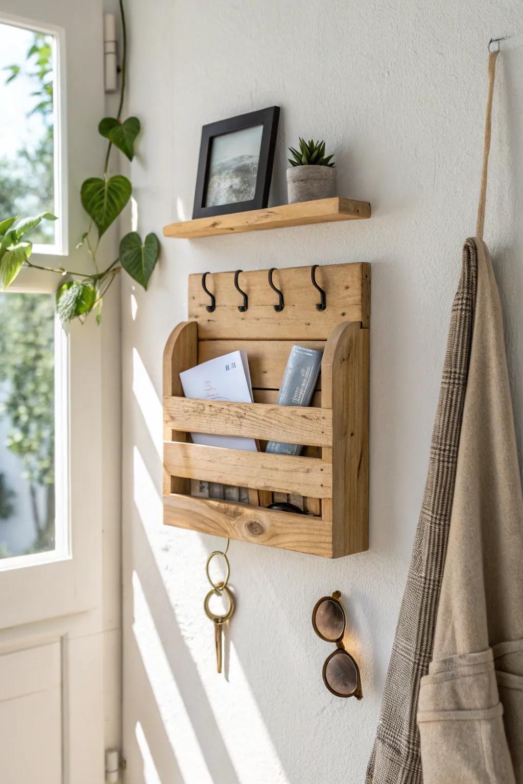 DIY pallet wall station: mail slots, key hooks, and a no-slip ledge for sunglasses.