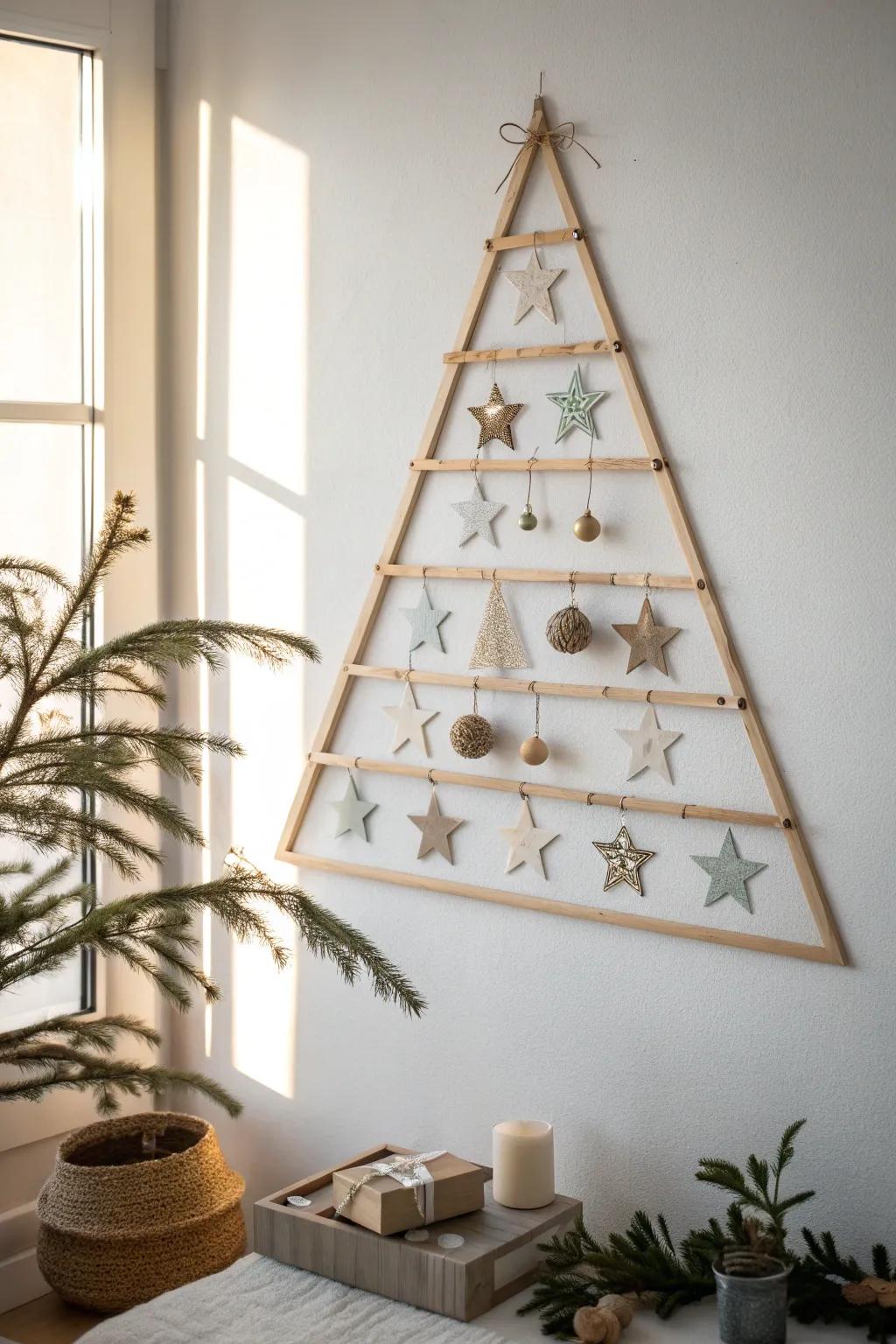 Rental-friendly washi tape triangle tree—minimal, cozy, and easy to remove without marks.