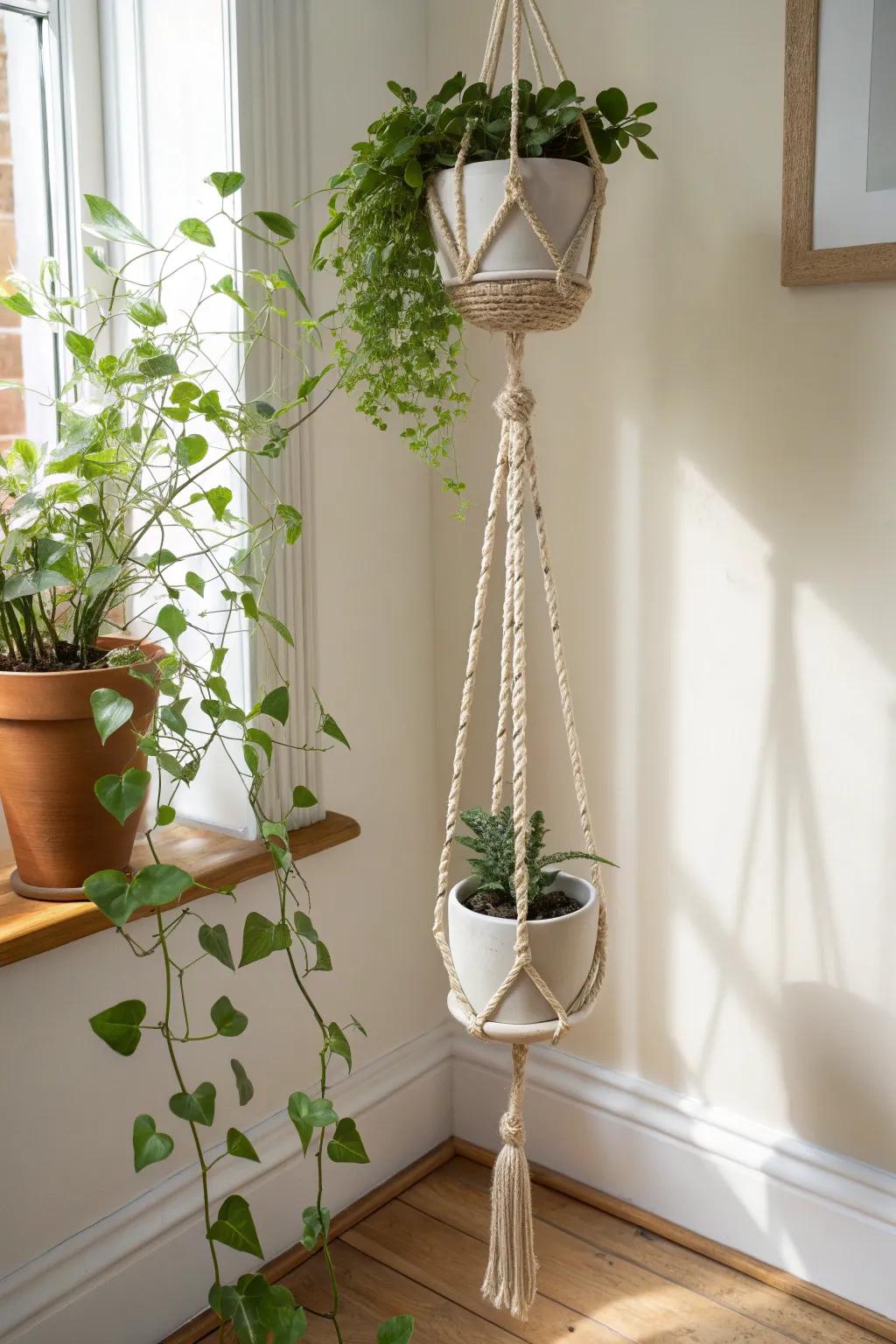 A double-tier hanging planter lifts the eye in a small corner—boho calm with no floor space.