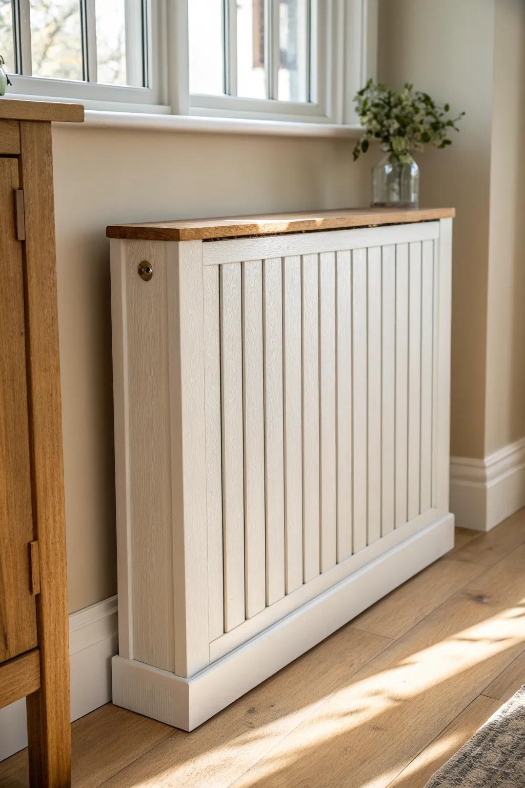 Shiplap-style heater cover wrap: crisp grooves, cozy farmhouse charm, minimal and feminine.