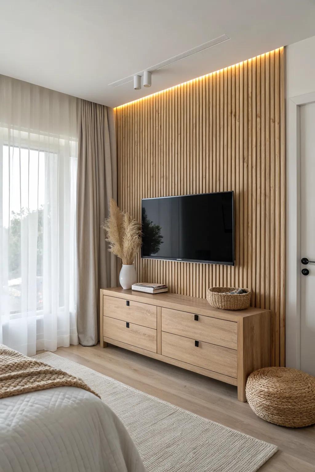 Vertical oak slat paneling makes a wall-mounted bedroom TV feel taller and softer.