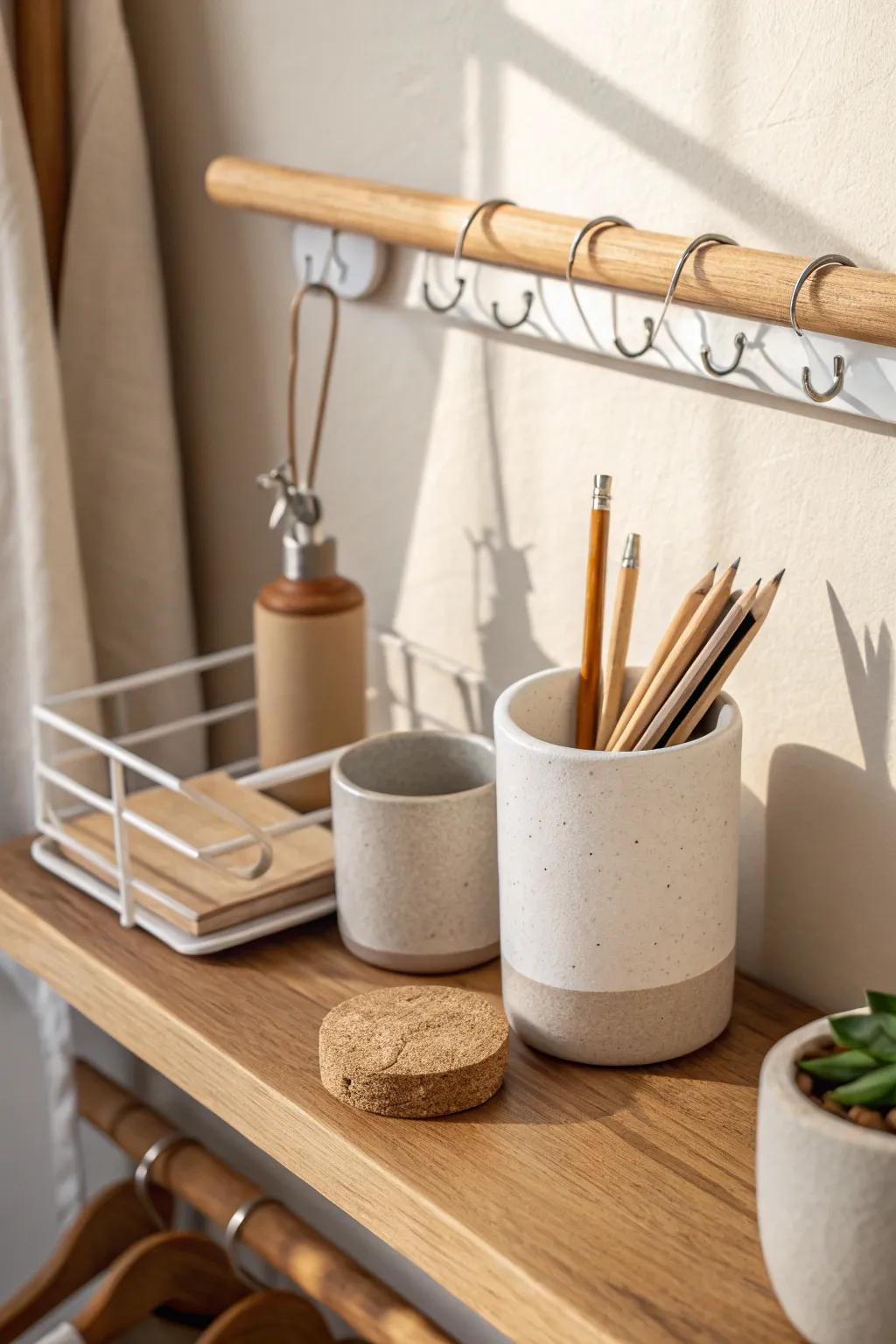 A wall rail with hooks and cups that turns dead wall space into tidy desk storage.