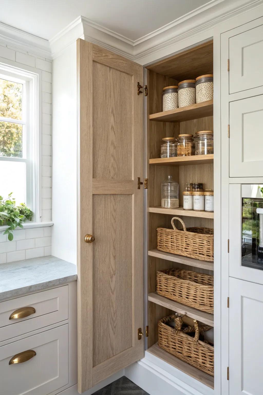 A corner wall pantry cabinet with swing-out shelves—beautiful, space-saving, and easy to reach.