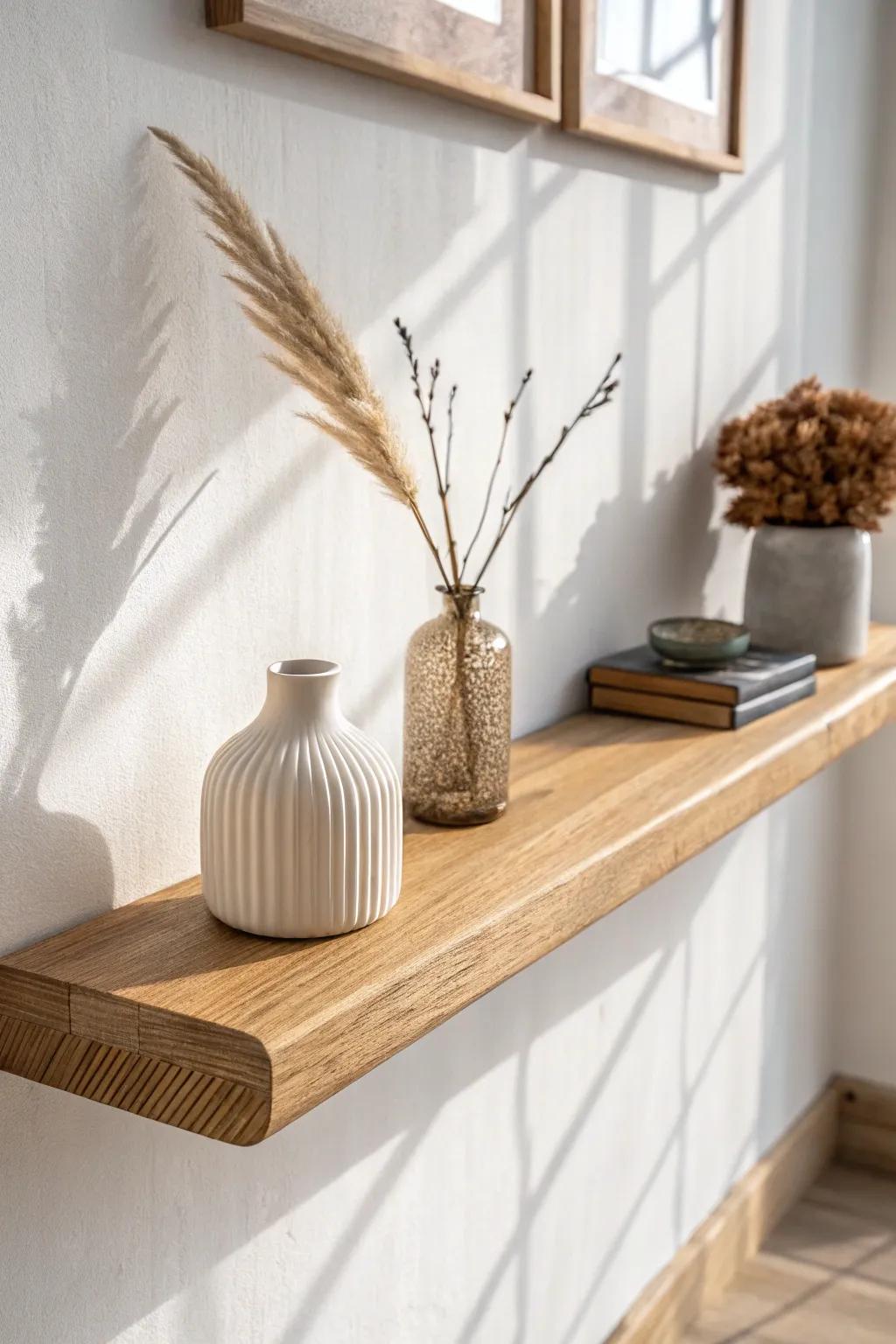 Mix ceramic, glass & wood on a slim wall shelf for soft, textured small-space style.