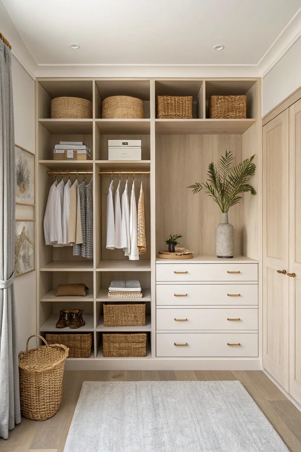 Symmetrical wall-to-wall closet with a centered niche—small-space storage that feels serene.