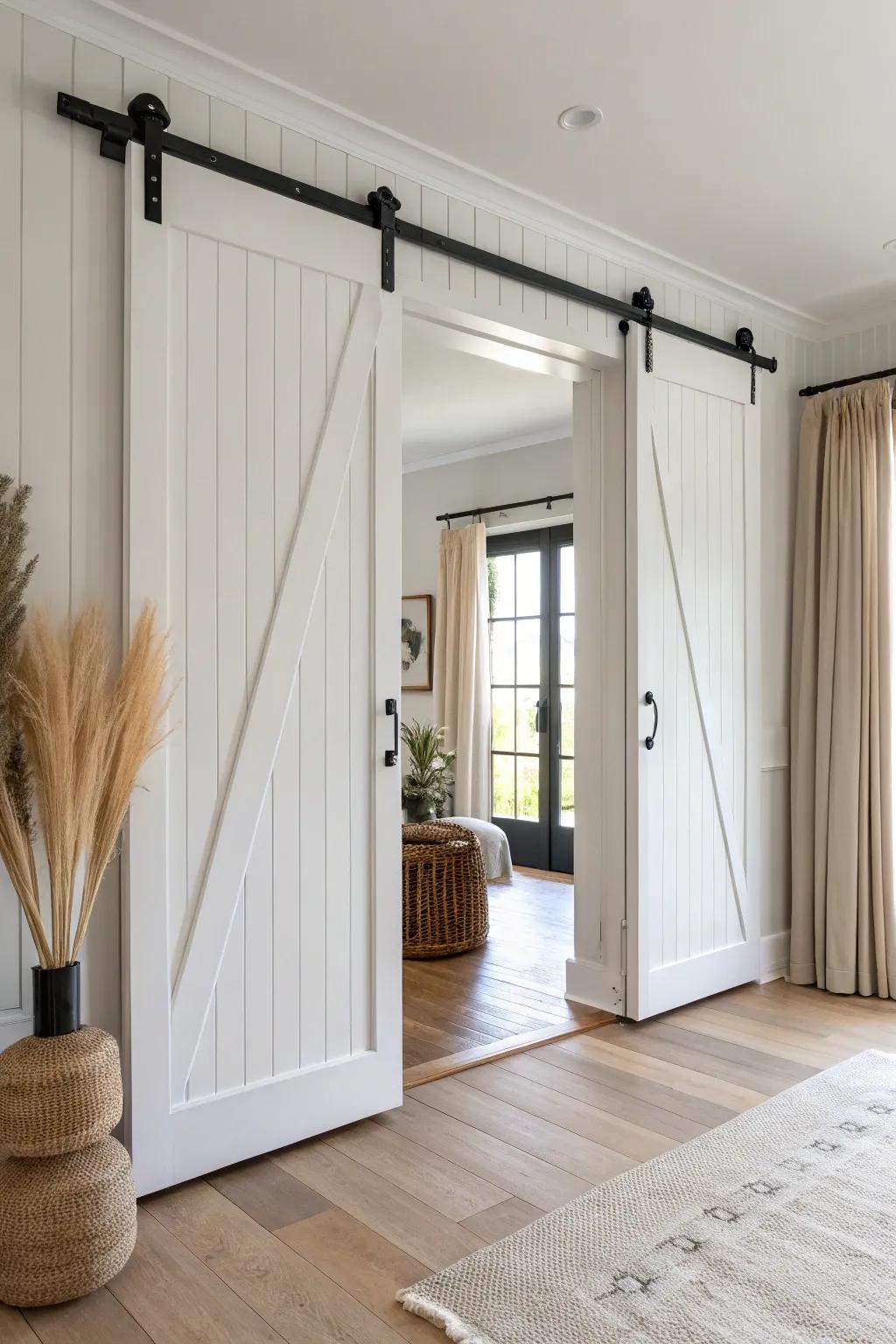 Double white barn doors create a custom focal point for wide openings—clean, bright, timeless.